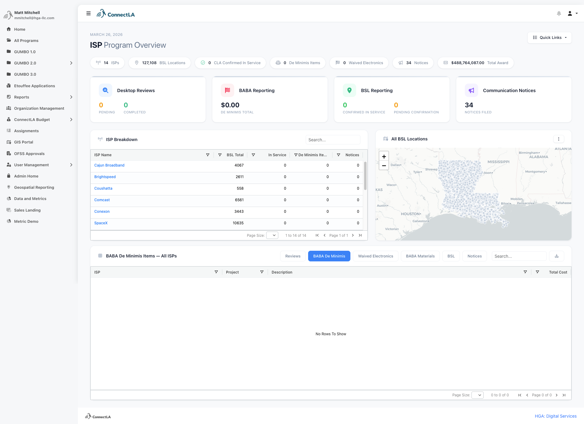 BEAD Ops ISP Master Dashboard with subgrantee tracking, deployment status, and compliance overview