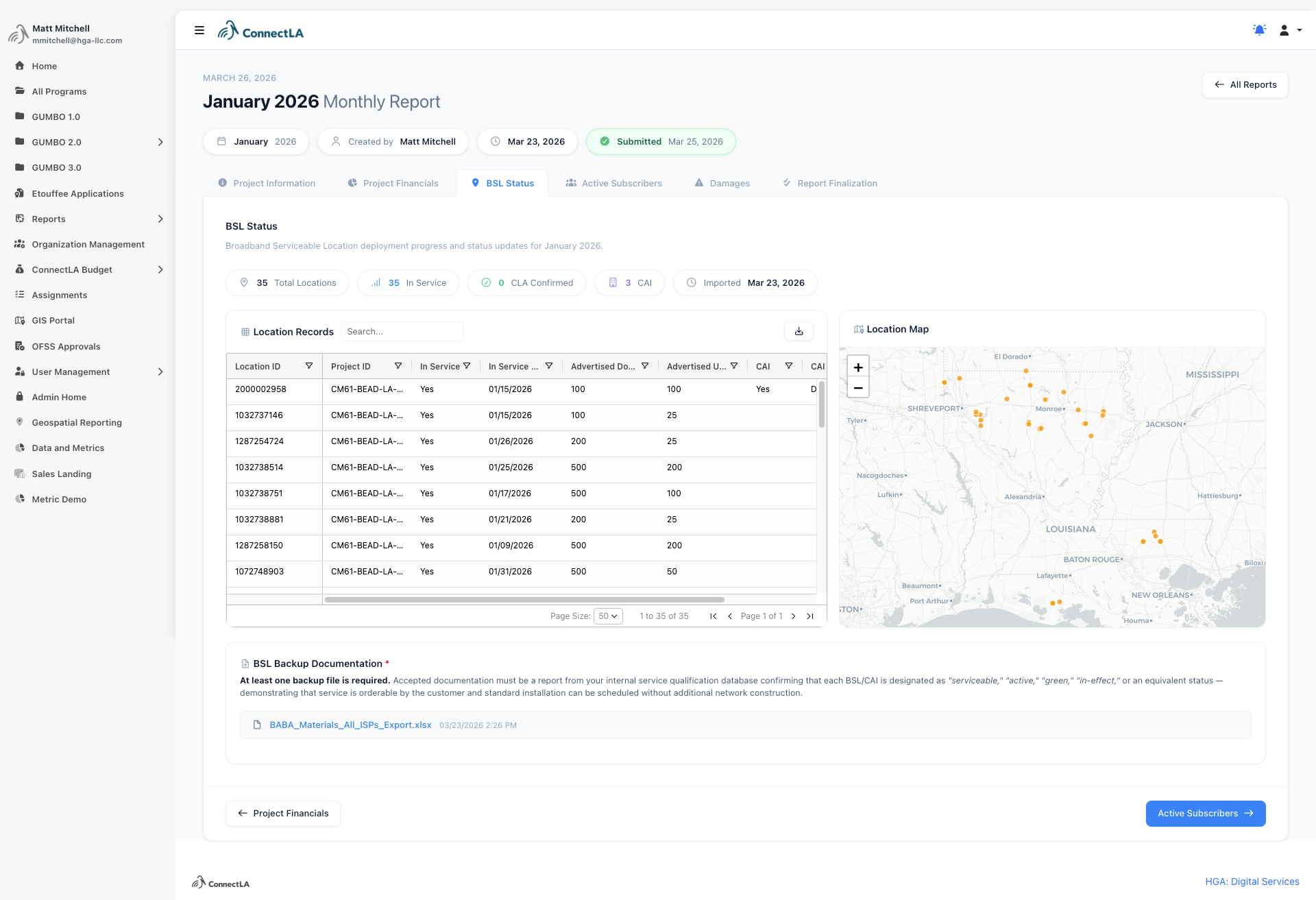 BEAD Ops monthly report detail showing project-level information, miles constructed, and location milestones